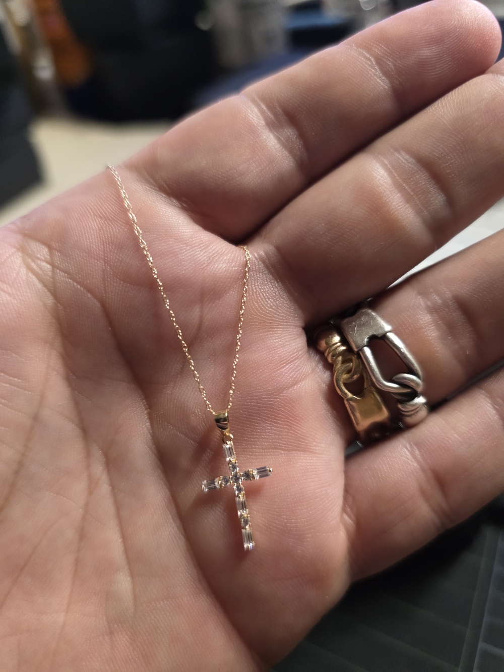 14k Gold Cross Pendant Necklace with Clear Stones